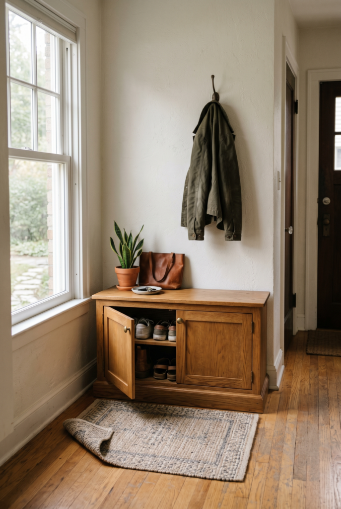 Eye-level view of closed-door storage bench with one door ajar, rug in front, jacket on wall hook above.