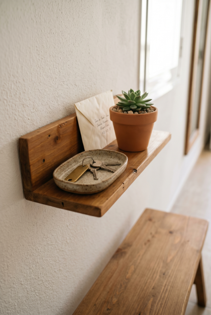Wall shelf above bench with key tray, small plant, bench seat clear below.