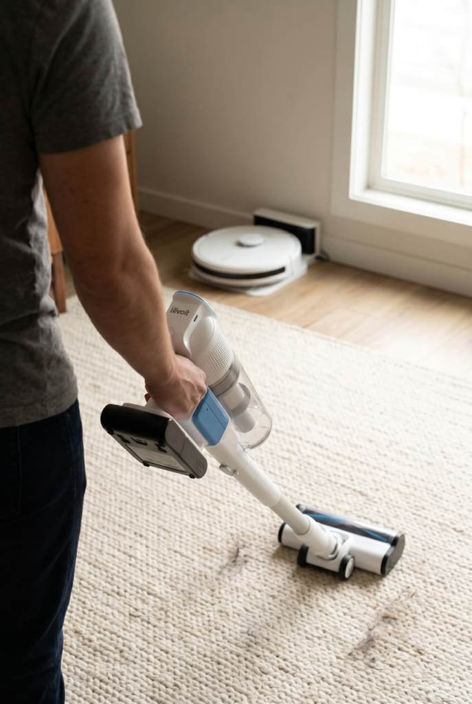 Person using a cordless vacuum on a living room rug, best household appliances for everyday cleaning.