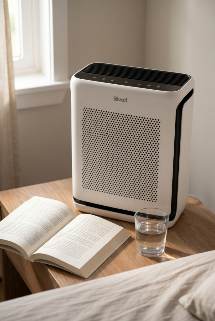 Air purifier on bedroom nightstand, best household appliances for clean air at home.