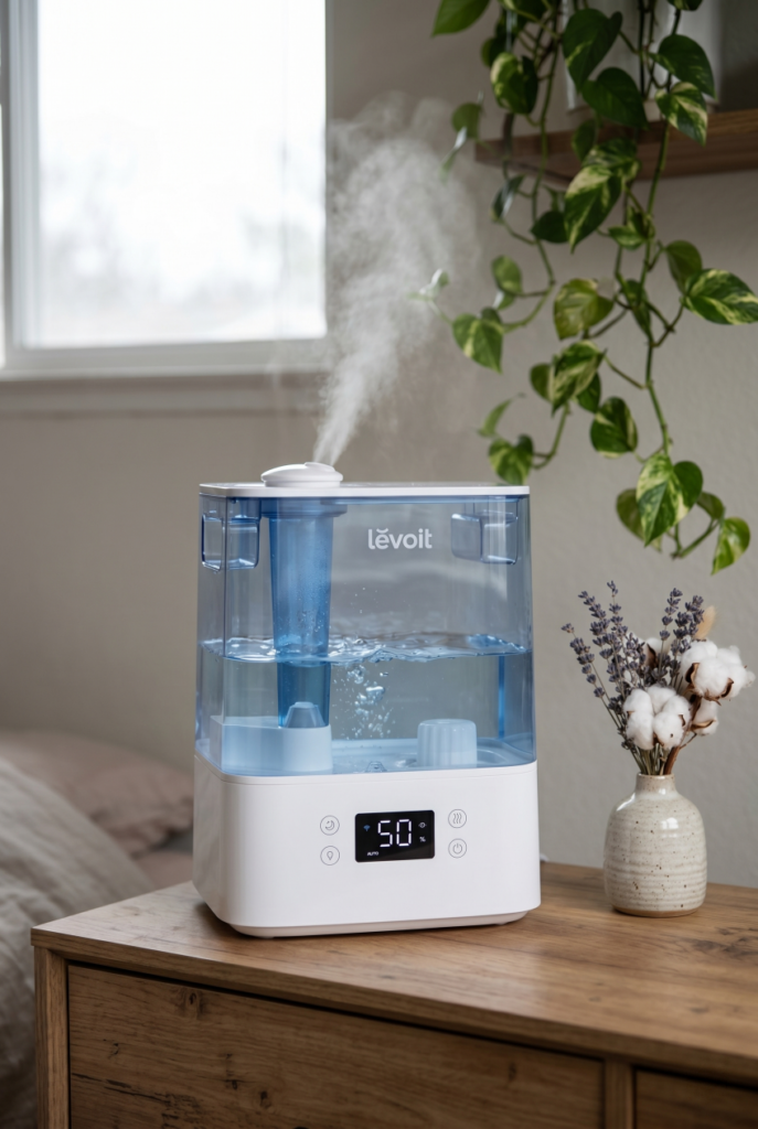 Humidifier with mist on bedroom dresser, best home appliances for dry air in winter.