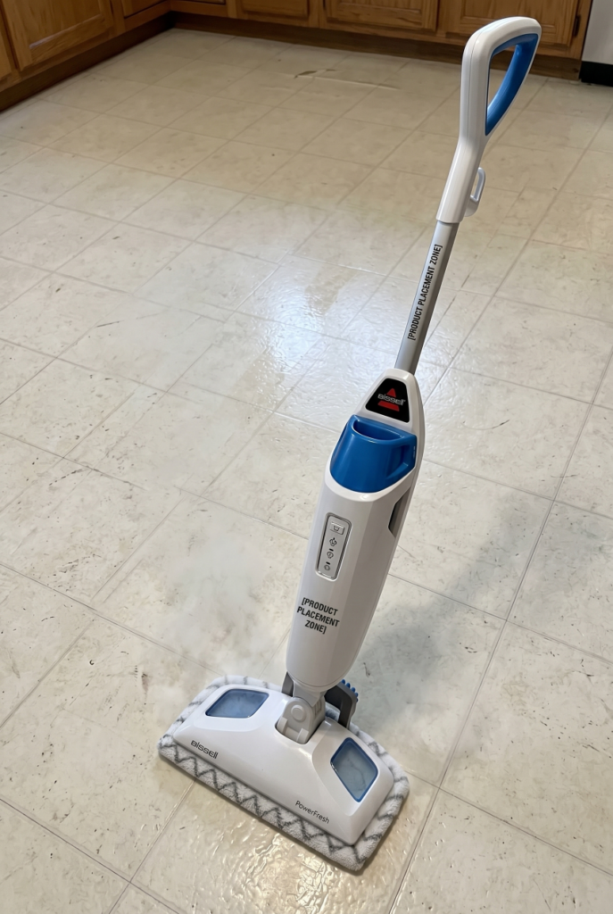 Steam mop in use on kitchen tile floor, best household appliances for deep cleaning.