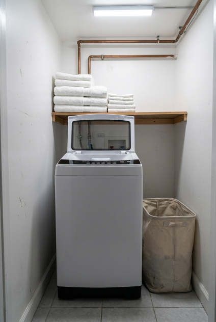 Portable washing machine in apartment laundry nook, best household appliances for renters.