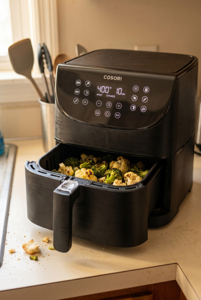 Air fryer with basket open on kitchen counter, best small household appliances for everyday cooking.