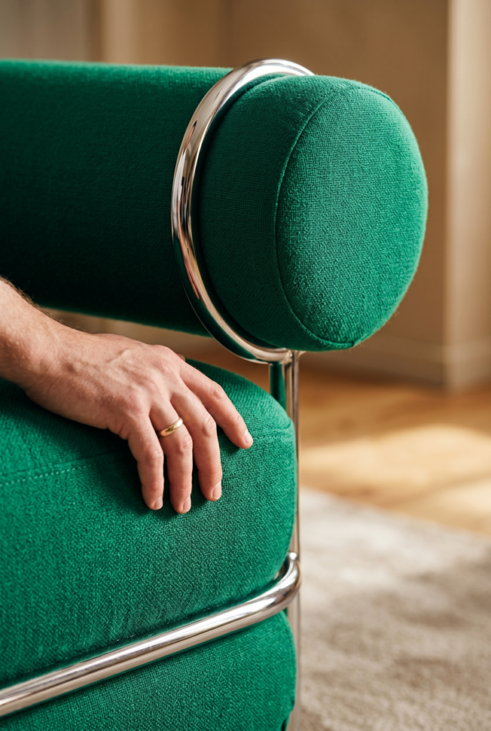 Close-up of IKEA PS 2026 Easy Chair chrome frame and emerald green fabric cushion showing the quality difference from old inflatable furniture.