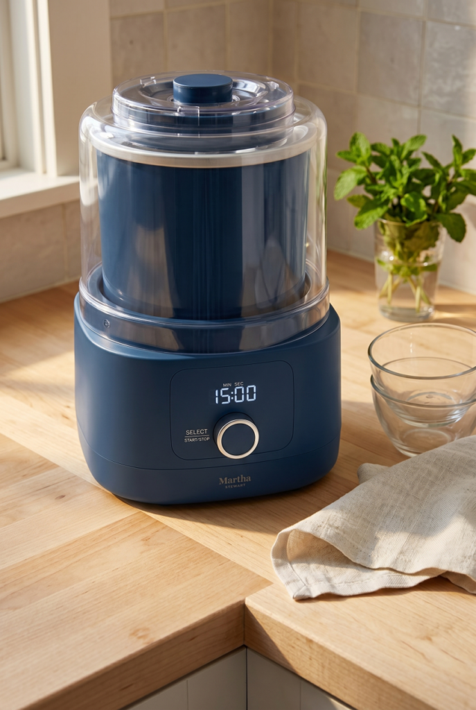 Indigo blue ice cream maker on a butcher block counter with fresh strawberries, mid-use in a warm home kitchen