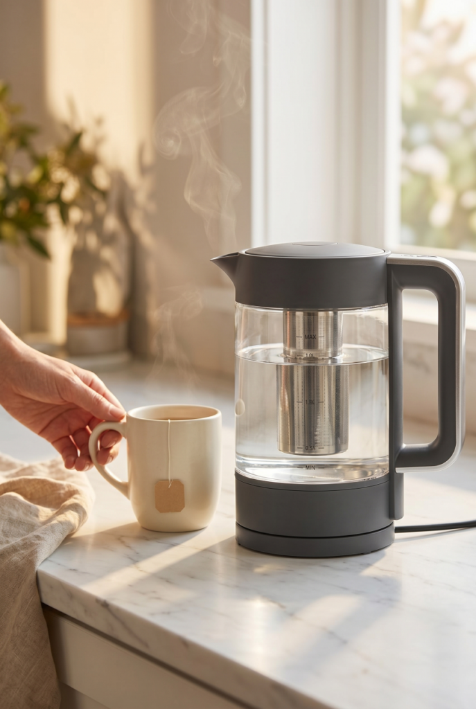 Caviar gray electric kettle steaming on a marble countertop next to a ceramic mug, morning kitchen routine