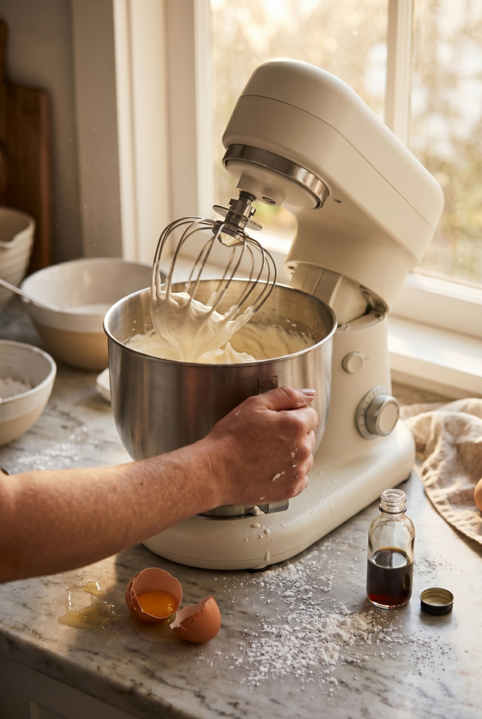 Linen white stand mixer whipping cream in a sunny kitchen, with eggs and vanilla on the counter