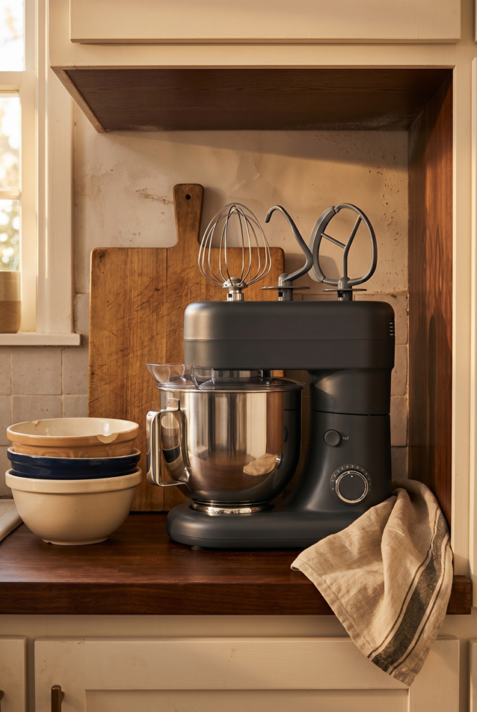 Caviar gray stand mixer on open kitchen shelving styled with ceramic bowls and a linen towel in a lived-in kitchen