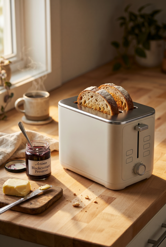 Linen white long slot toaster on a butcher block counter with sourdough bread, butter and jam, weekend breakfast kitchen