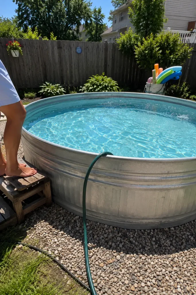 Round stock tank pool with gravel base and garden hose in a small backyard