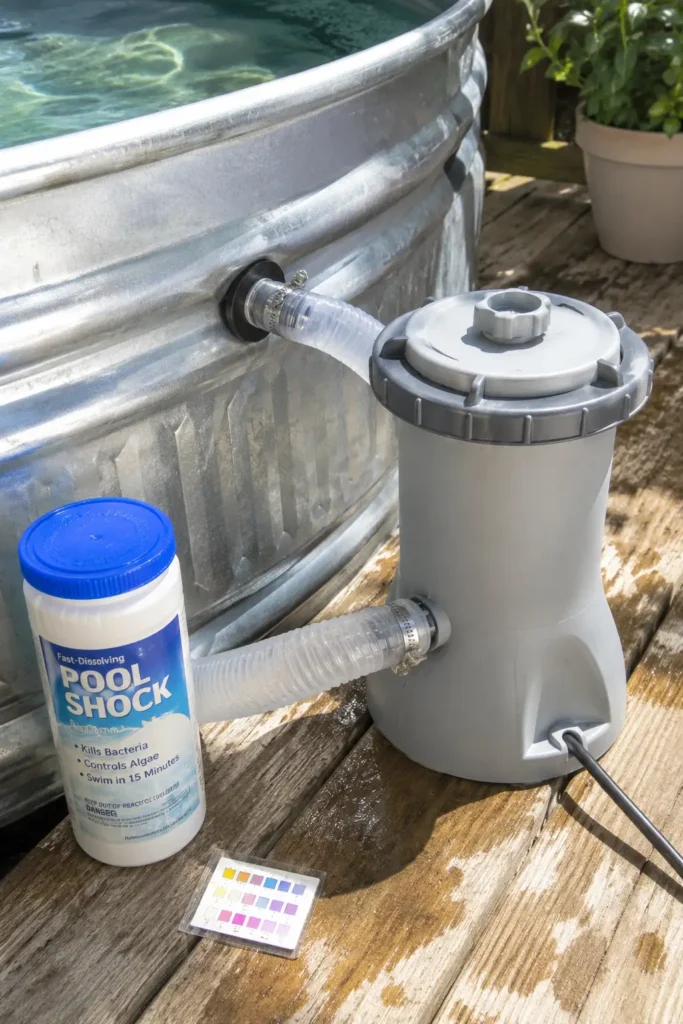 Small pool pump filter unit attached to the side of a stock tank pool with hose and chemical supplies nearby