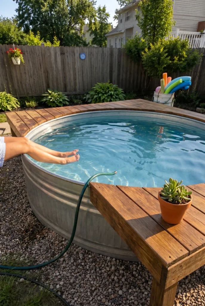 Stock tank pool with three-sided pressure-treated wood deck surround and potted plant in a backyard