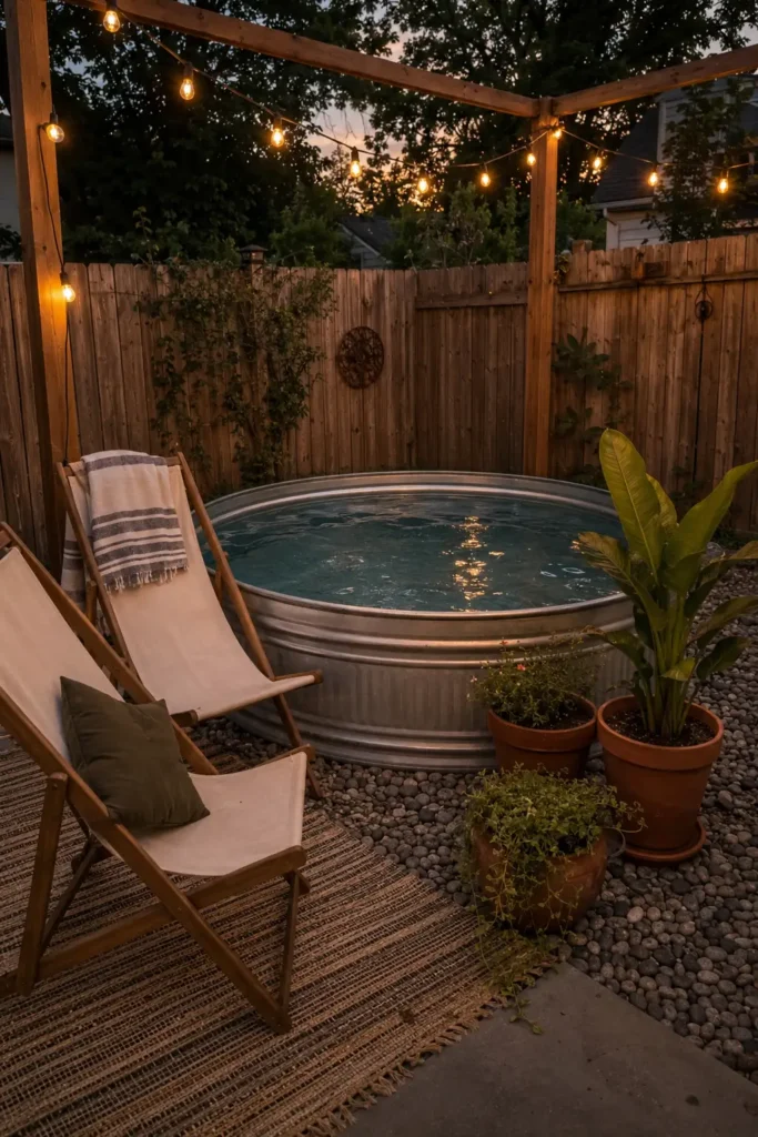 Stock tank pool area at evening with string lights, terracotta planters, and outdoor rug
