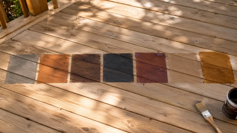 Seven deck stain color samples in a row on a wooden pine board, ranging from gray to dark brown, with a paintbrush and stain can nearby.