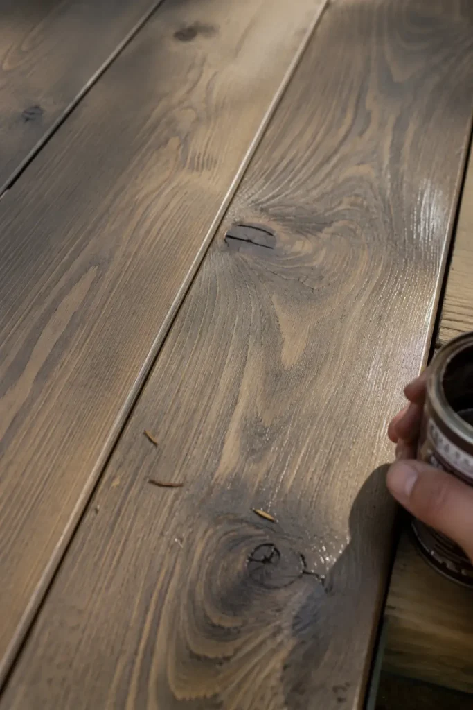 Close-up of pine deck board in driftwood gray semi-transparent stain, natural wood grain visible, hand holding stain can in background