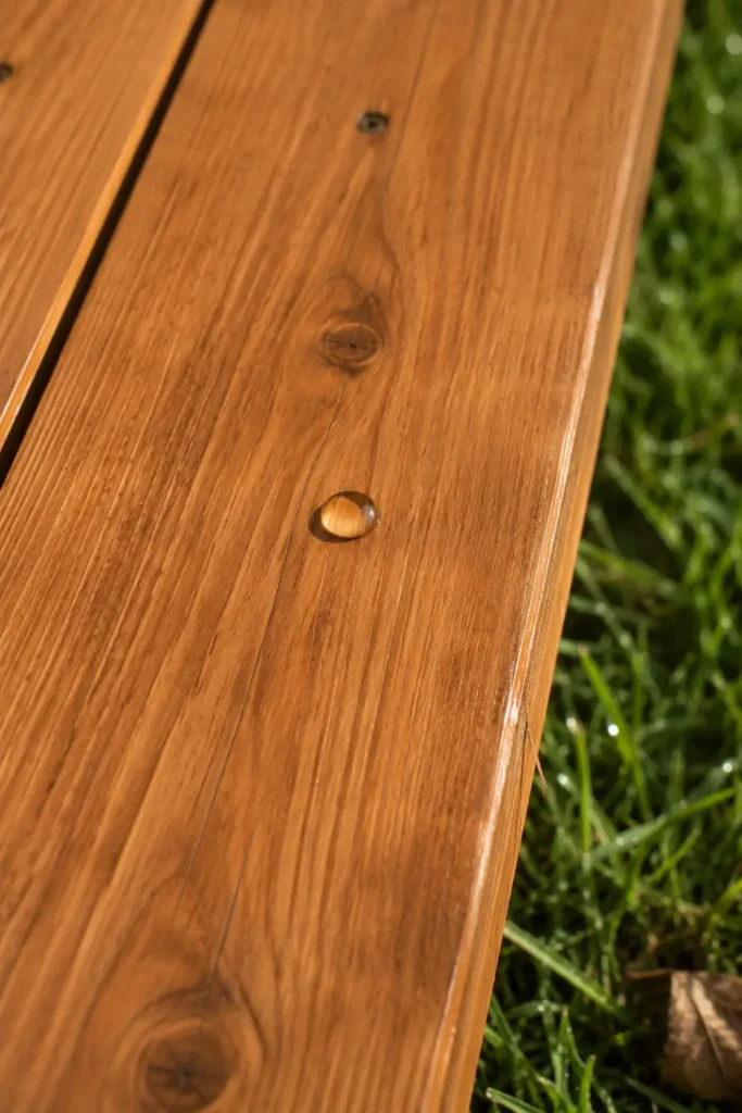 Transparent natural cedar stain on pine deck board, wood grain fully visible, water beading on surface.