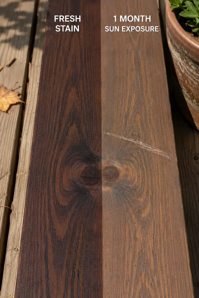 Split comparison of dark walnut deck stain, fresh application versus one month of sun exposure showing visible fading.