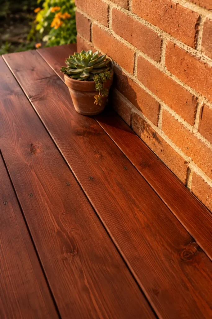 Redwood deck stain color next to warm brick wall, showing how the warm tones complement each other.