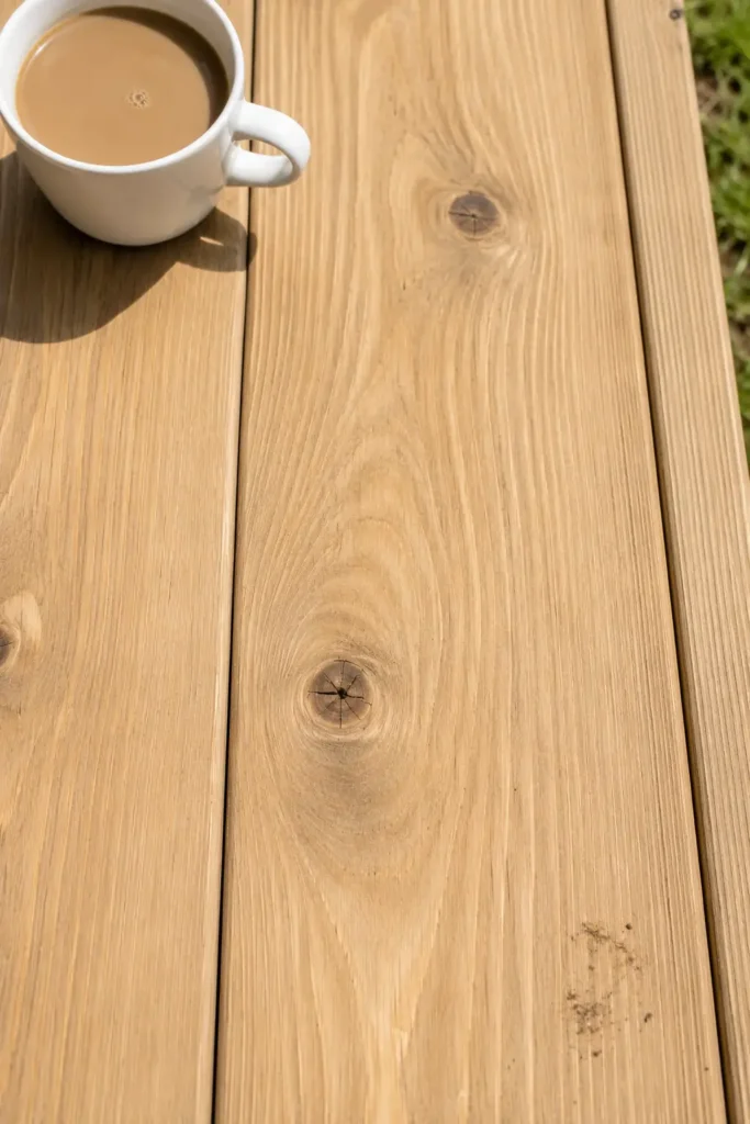 Light tan-beige semi-transparent deck stain on pine, subtle warm neutral tone with coffee mug for scale.
