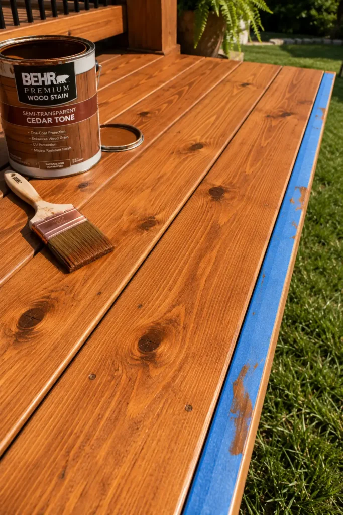 Behr semi-transparent cedar tone deck stain on pine, golden-brown color visible with grain in full sunlight.