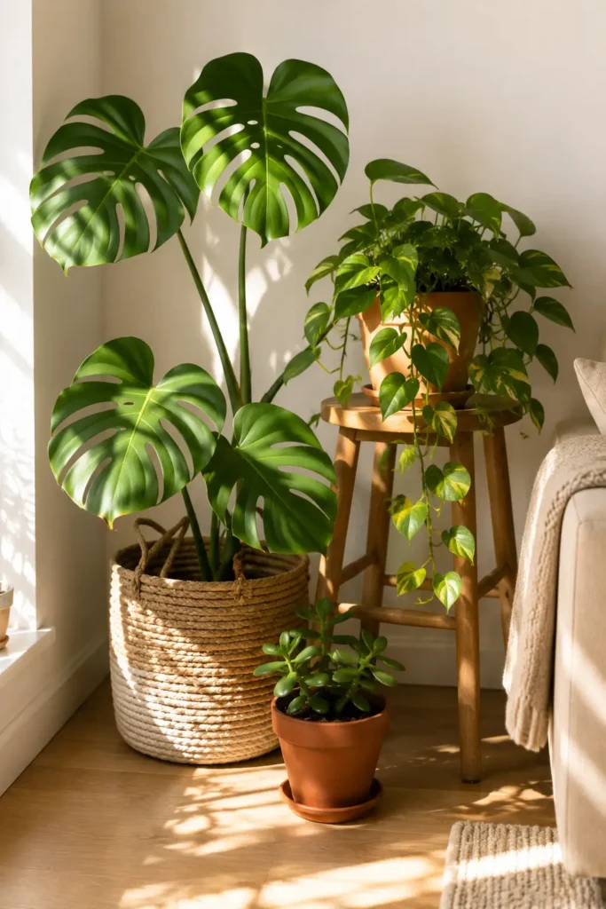 Three indoor plants grouped at different heights in an apartment corner — monstera on floor, pothos on wooden stool, small succulent at base — in warm morning light