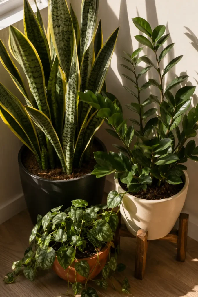 Snake plant, ZZ plant on wooden stand, and small trailing plant grouped closely together in a home corner with side lighting