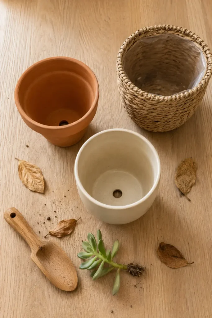 Three plant pots in warm tones — terracotta, cream ceramic, and woven basket — with a wooden trowel on a light wood surface