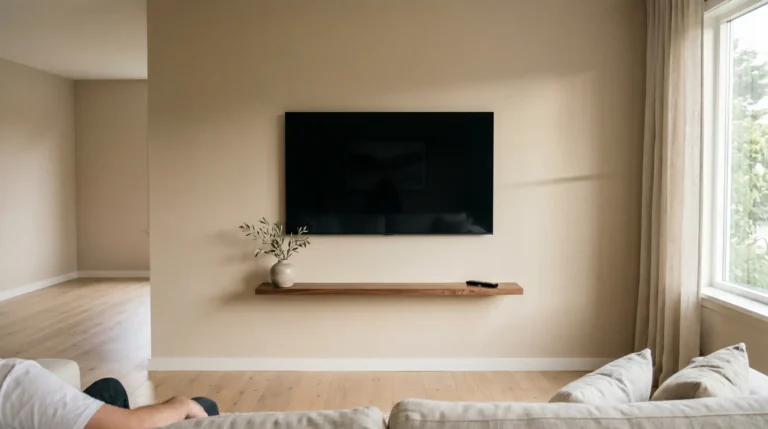 Extremely minimal TV wall with a flat-screen mounted on warm white plaster, no cables and no decor — just the screen, afternoon light, and a small plant on the floor.