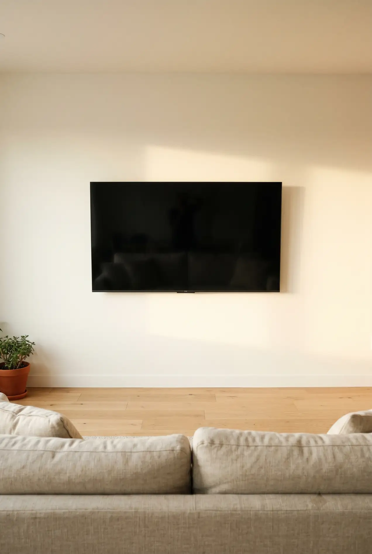 Minimalist TV wall with a flat-screen, one narrow floating oak shelf below, and just a ceramic vase and remote — no cables visible, beige wall.