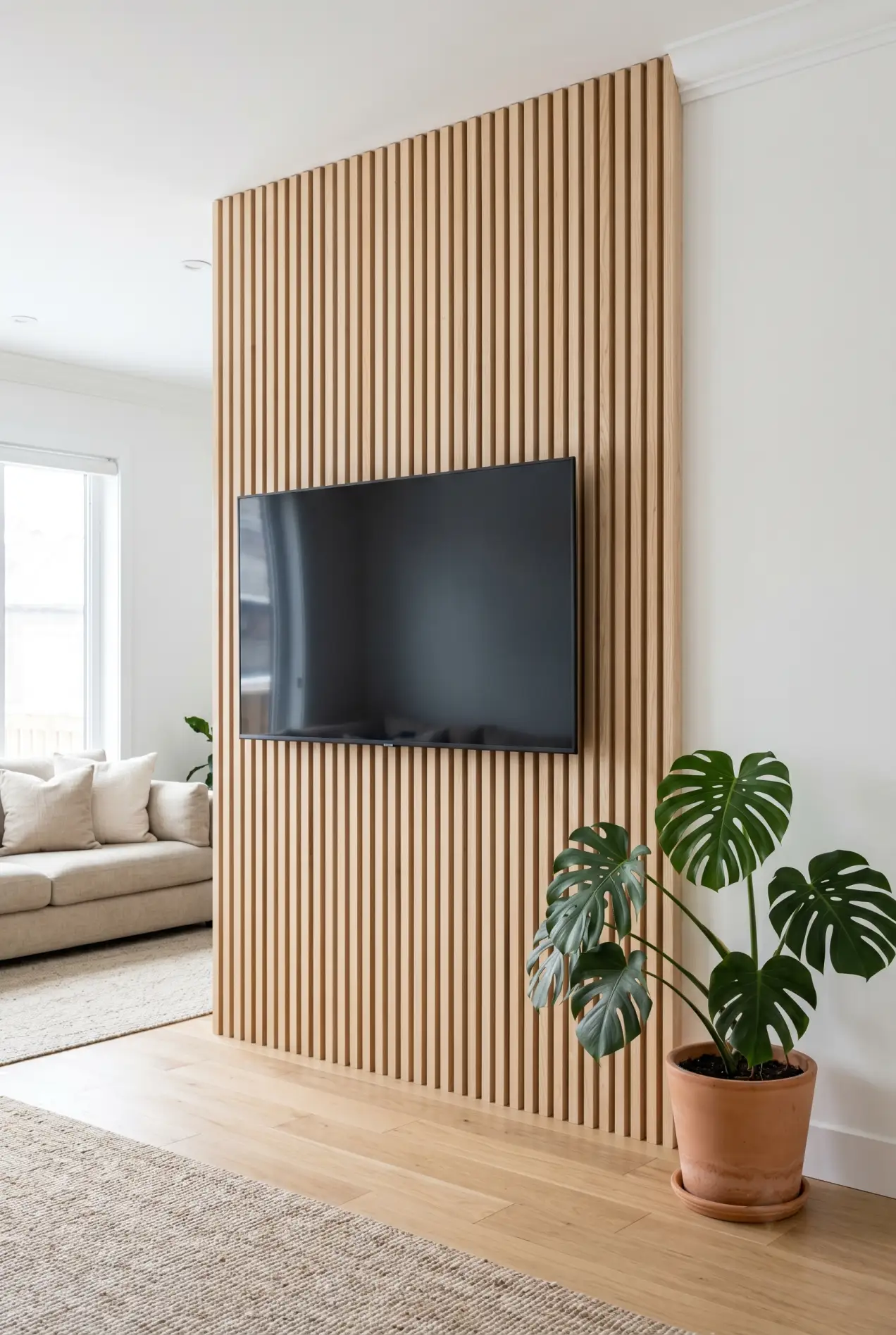 Minimalist TV wall with vertical light ash slats, TV flush-mounted at center, a tall monstera plant beside it — no cables visible, light oak floor.