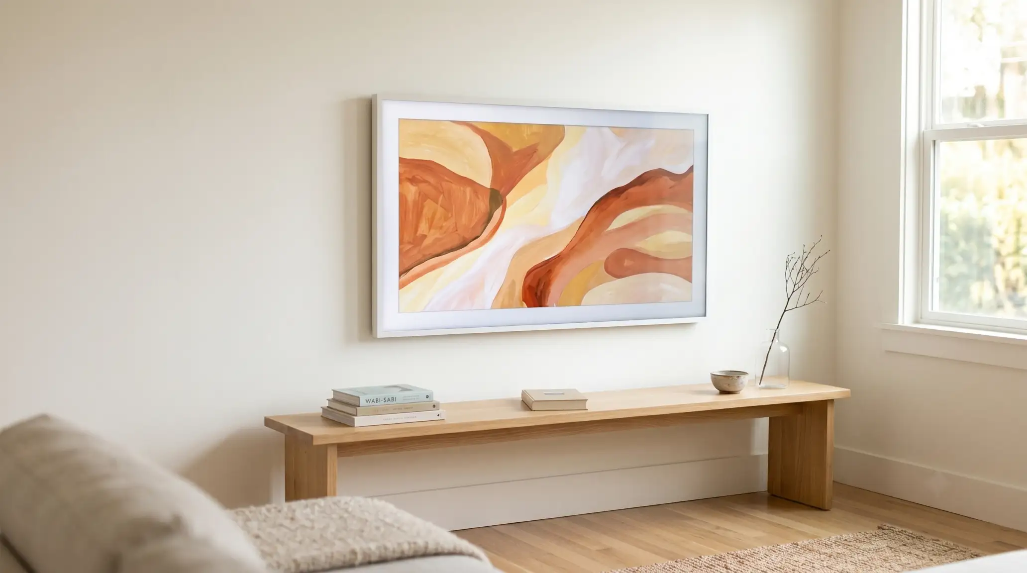Samsung Frame TV on a white wall displaying abstract art, matching white frame, one small wood bench below — a minimalist TV wall with no visible cables.