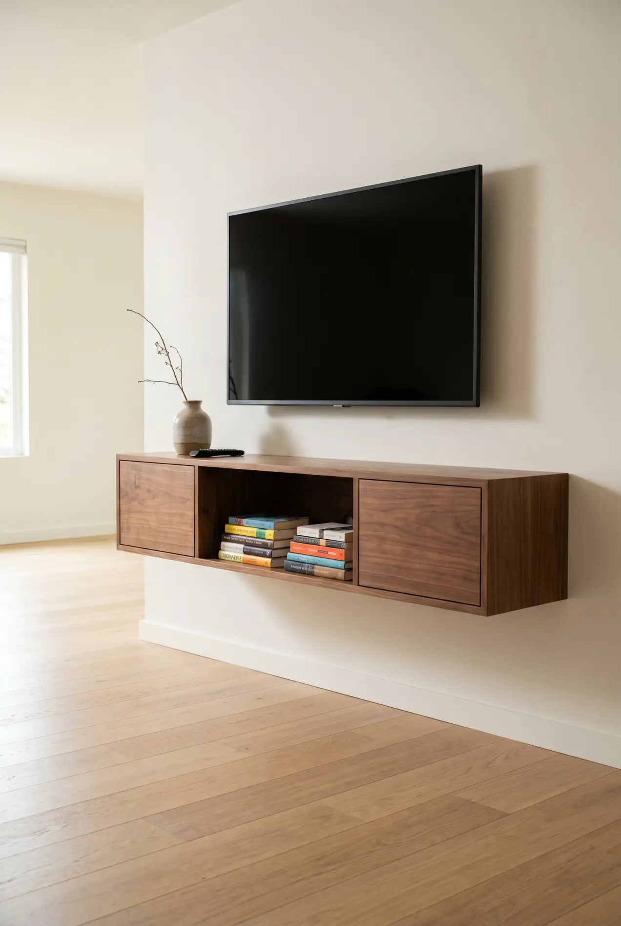 Floating walnut media unit mounted 20 inches off the floor with a TV above, floor completely clear below — a storage-first minimalist TV wall.