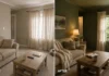 Sad Beige Is Dead. I Tried Color Drenching My Living Room for Under $50 Before and after of a small living room nook color drenched in olive green — walls, trim, and ceiling painted the same shade with warm lighting and cozy decor.