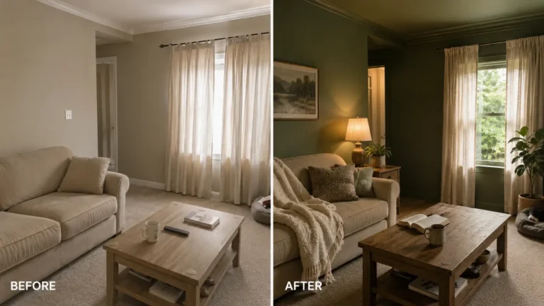 Before and after of a small living room nook color drenched in olive green — walls, trim, and ceiling painted the same shade with warm lighting and cozy decor.