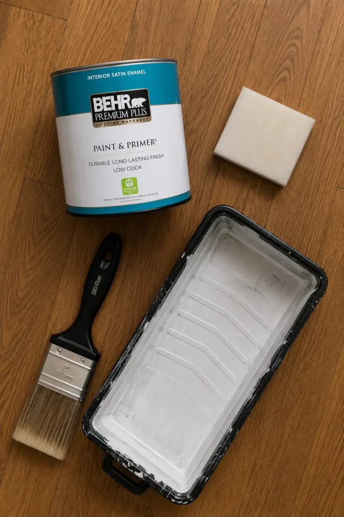 Flat lay of color drenching supplies: Behr paint gallon, satin quart, painter's tape, brush, and roller with receipt showing $48 total.