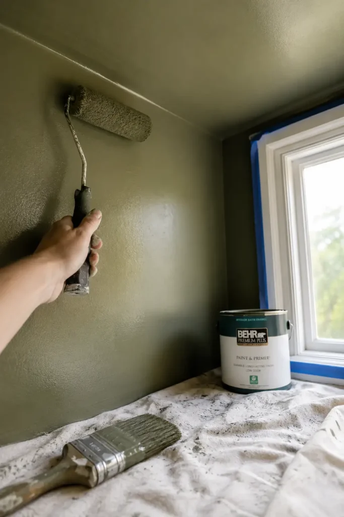 Close-up of a paint roller applying olive green paint on a wall and ceiling during a color drenching DIY project.
