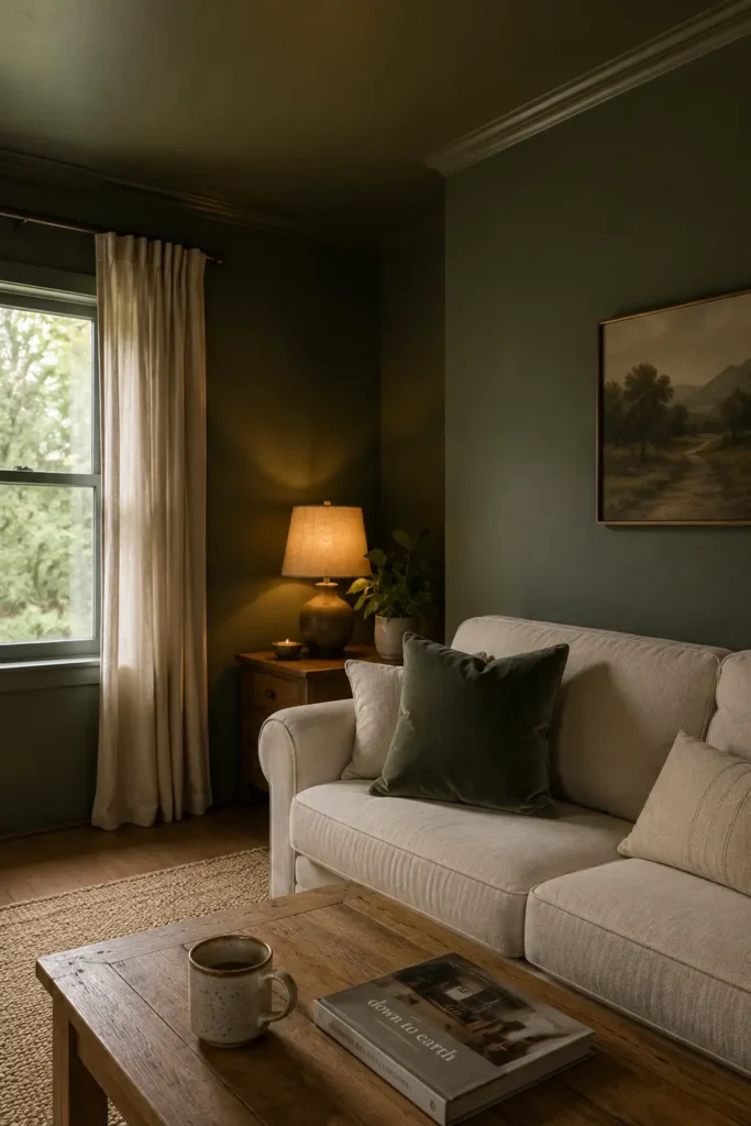 Living room nook after color drenching in olive green — walls, trim, and ceiling all the same shade with cream sofa and warm lighting.