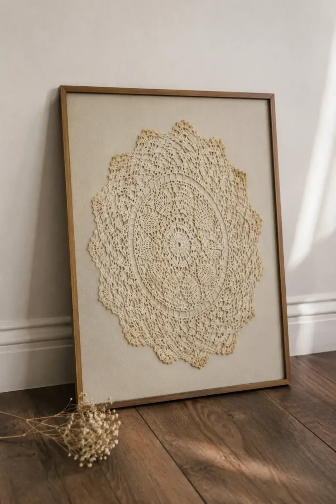 Vintage cream lace doily in a simple wood frame, propped against a wall before hanging