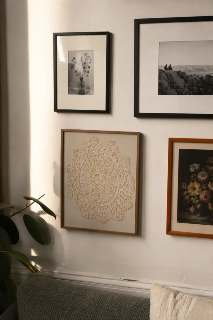 Framed vintage lace doily hung on a gallery wall between photo frames in a modern living room.
