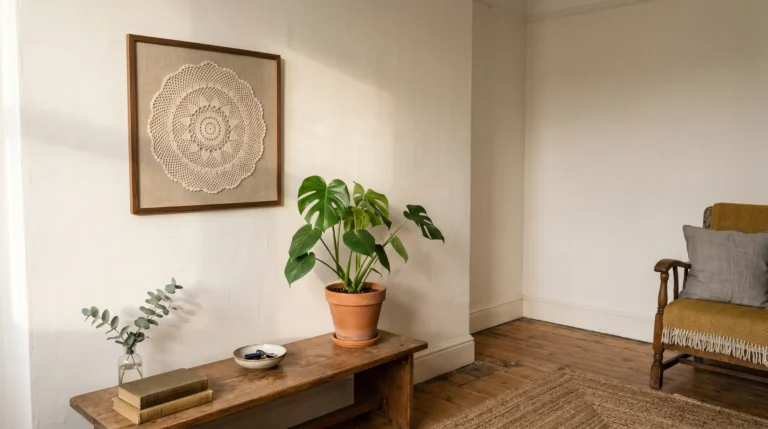 Vintage cream lace doily in a simple wood frame, propped against a wall before hanging