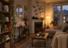 8 Dollar Tree Halloween DIY Ideas for a Small Apartment Cozy apartment living room decorated for Halloween with DIY paper skulls, cheesecloth ghosts, black pumpkins and paper bats.