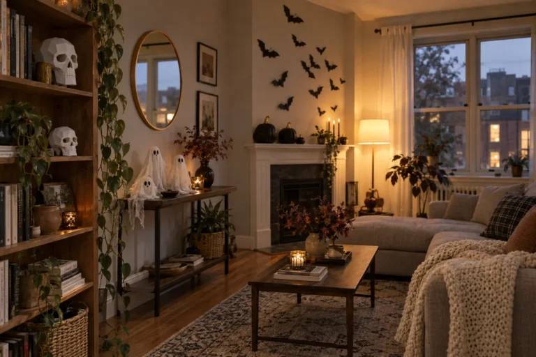 Cozy apartment living room decorated for Halloween with DIY paper skulls, cheesecloth ghosts, black pumpkins and paper bats.