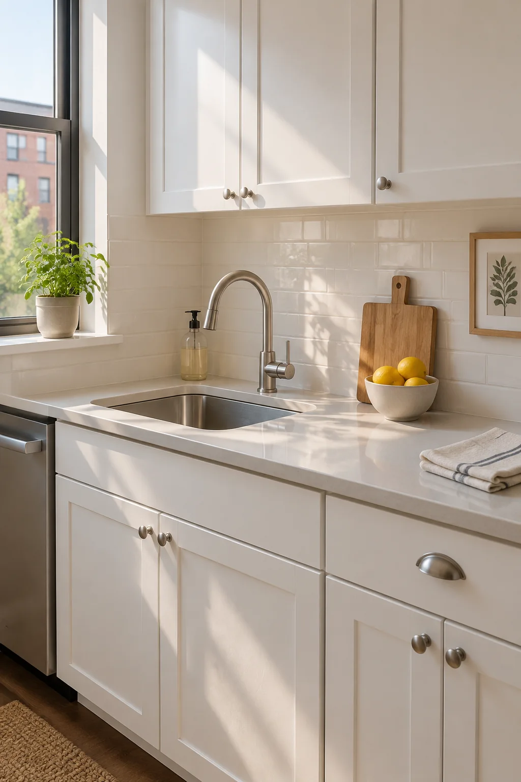 Illustrative compact kitchen prep counter and sink with a light wipeable tile backsplash, clear work surface and wall decor outside the splash path.