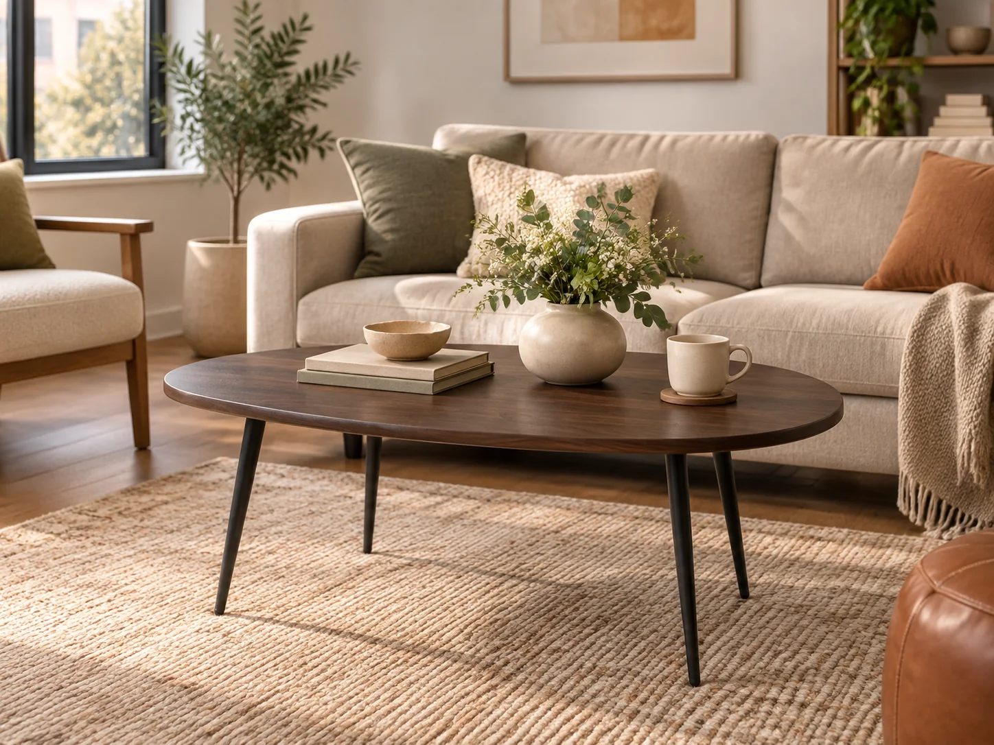 Illustrative small living room with a dark walnut-look oval coffee table and angled black metal legs, using the COSTWAY table listing as a visual reference.