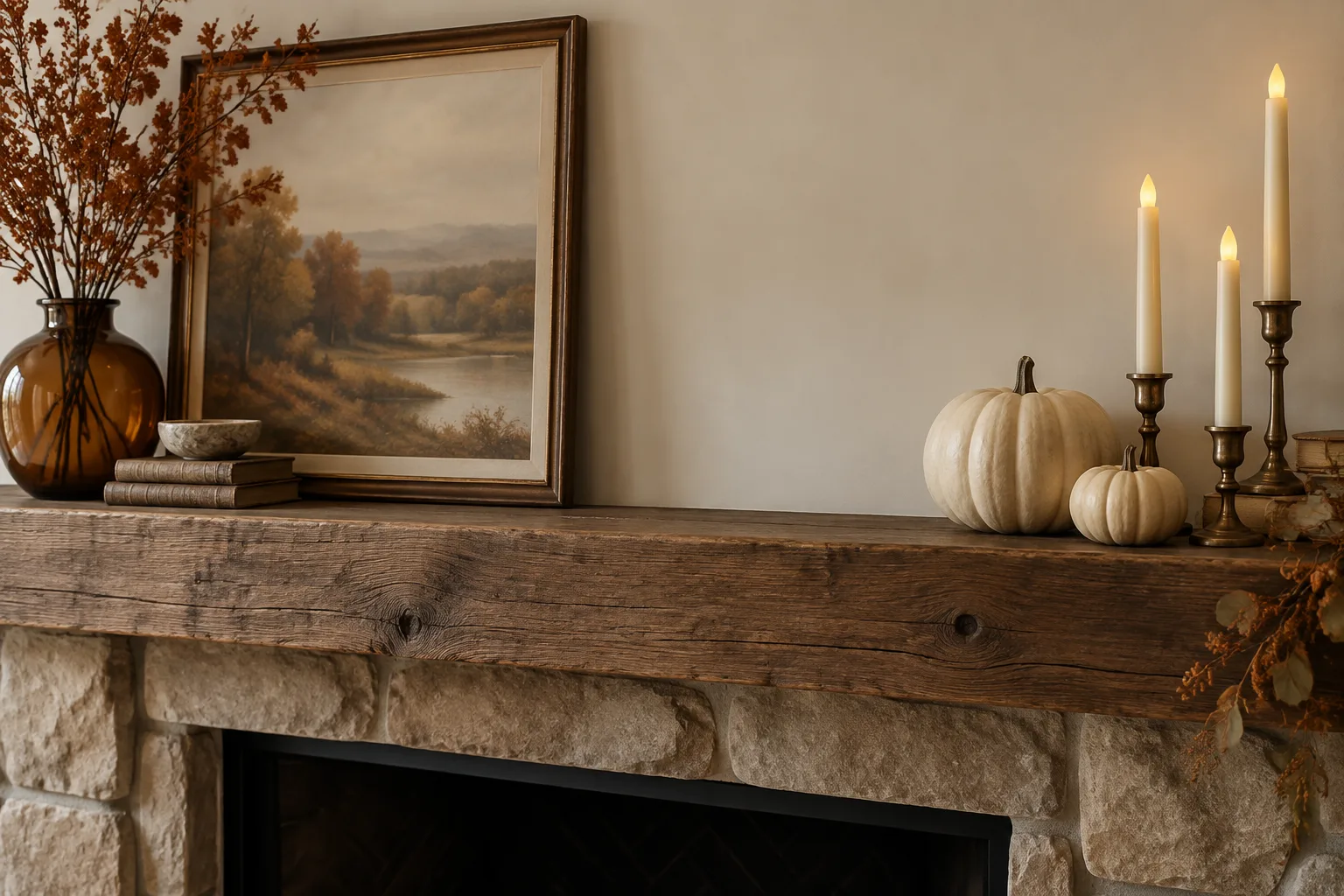 Illustrative fall mantel close-up with framed landscape art, amber vase, cream pumpkins and battery-operated taper candles on a rustic shelf.