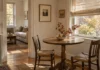 A Small Fall Dining Nook That Still Works Every Day Small fall dining nook with a round oak table by a window and a low bowl centerpiece