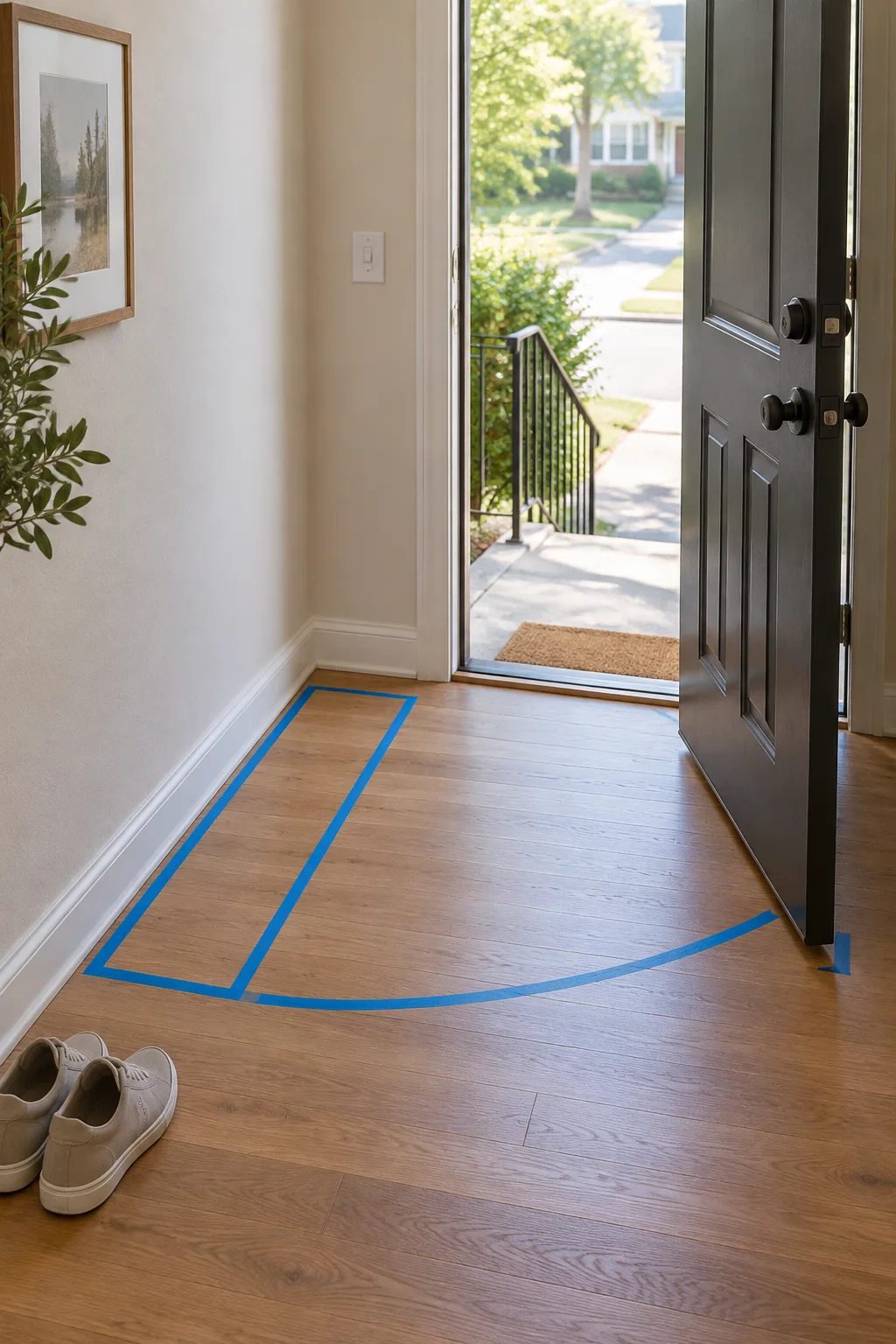 Painter's tape marks a narrow shoe cabinet footprint and the front-door swing in a small entryway