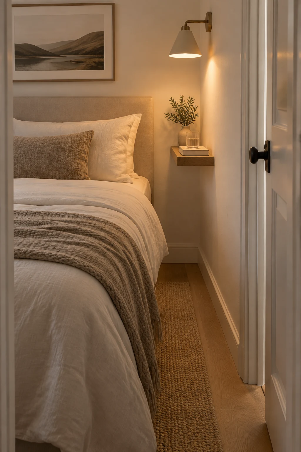 Illustrative tiny bedroom with a shallow floating shelf beside the pillow instead of a floor-standing nightstand.