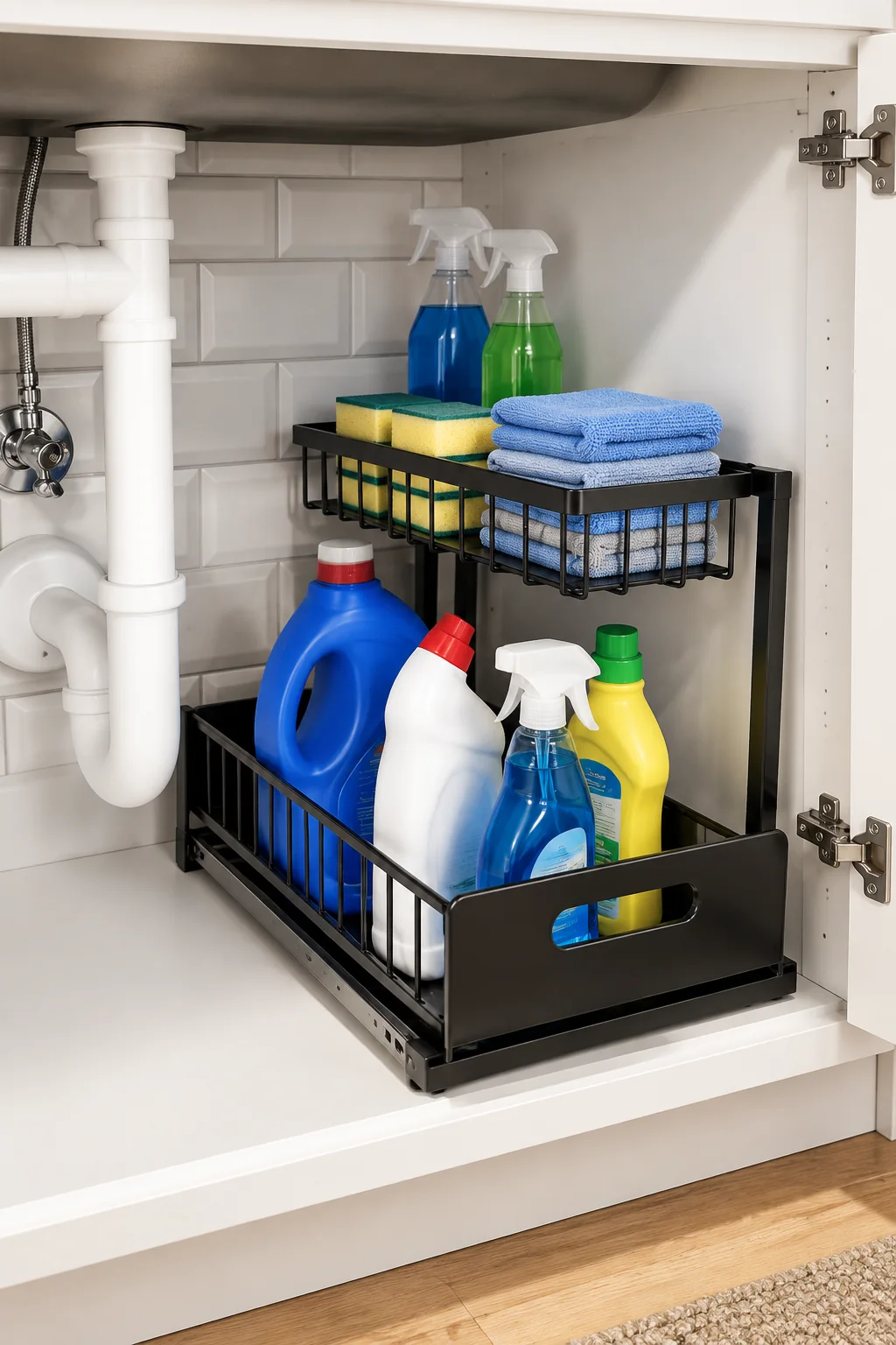 Illustration of black REALINN L-shaped organizer with its lower basket pulled out beside a drain